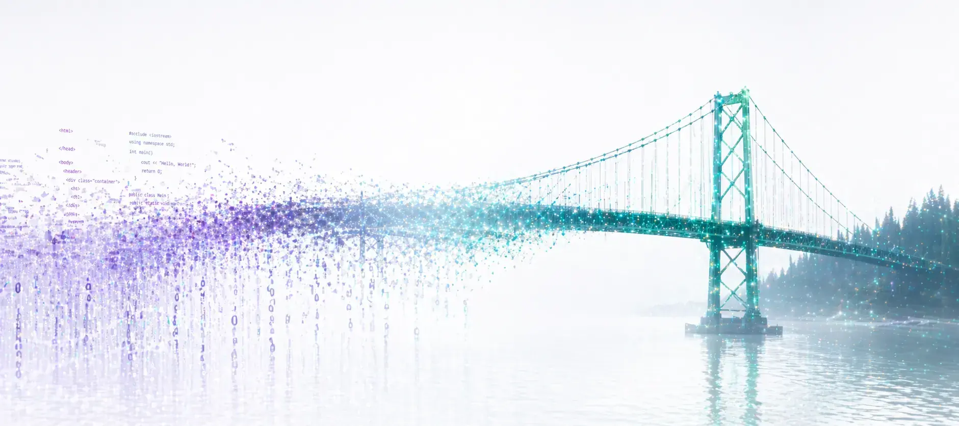 Lions Gate Bridge in Vancouver dissolving into a stream of luminous data particles
